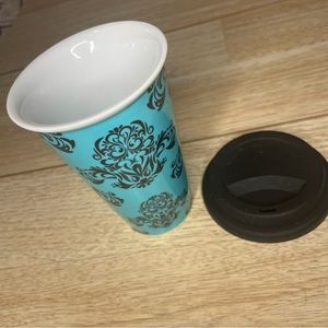2/$40 Teal Blue/Black Damask Porcelain Tumbler with lid
